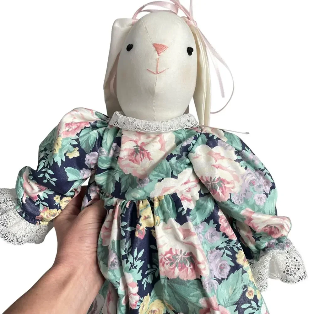 Vintage Cloth Bunny Rabbit Doll Primitive Country Calico Floral Dress 80's 90's